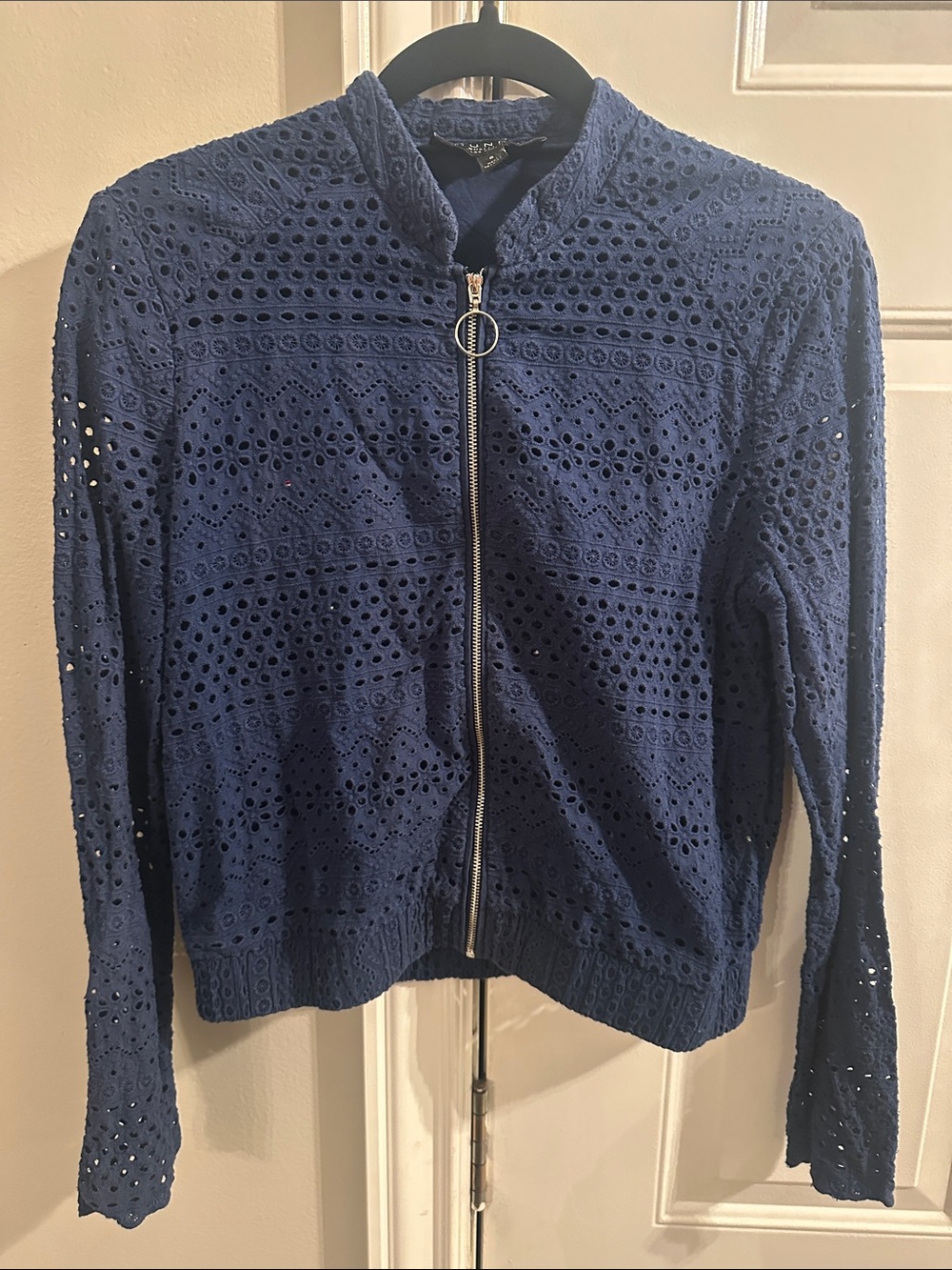 Laundry By Shelli Segal Navy Eyelet Zip Bomber